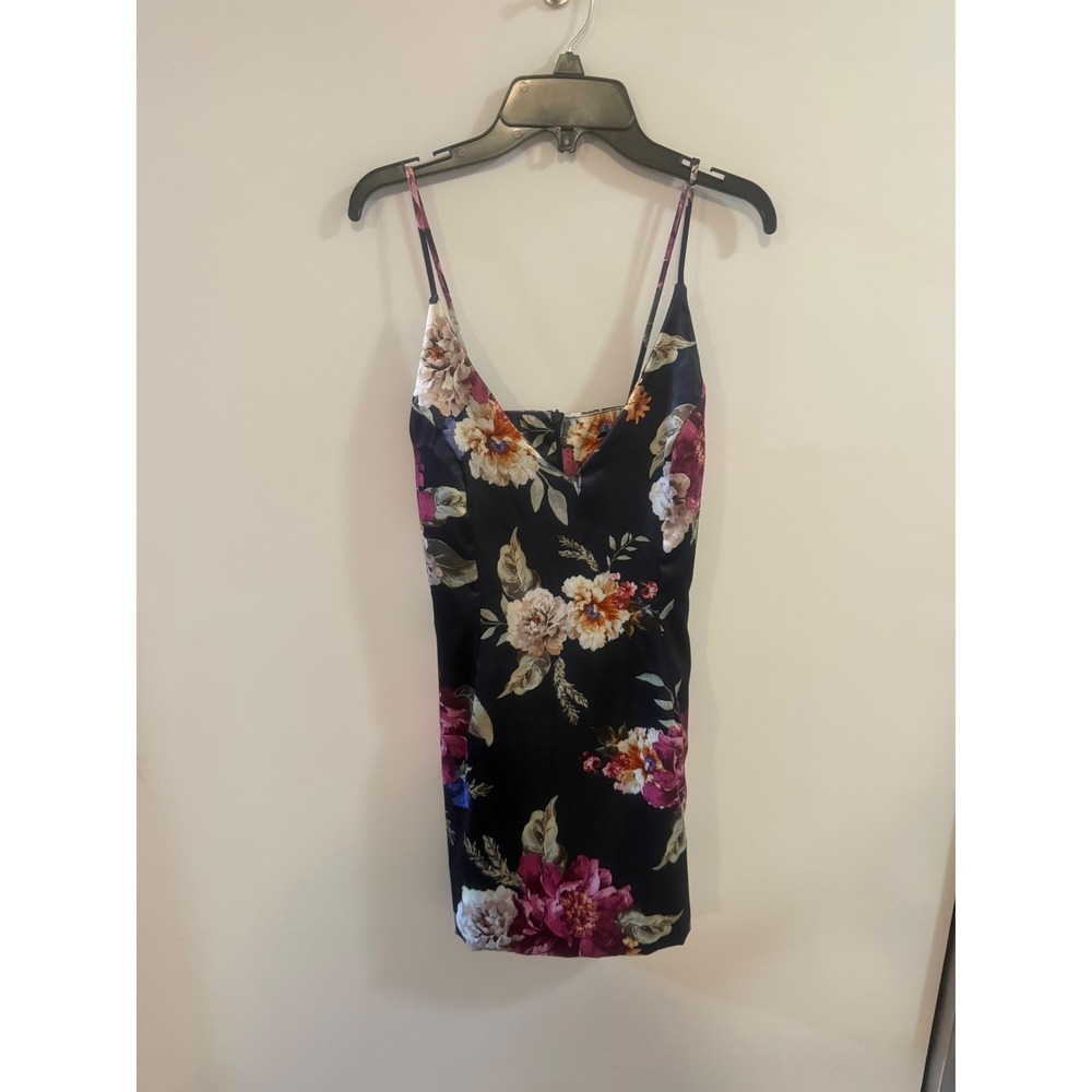 Lux LA Floral Satin Mini Dress Navy Blue V-Neck Small check pictures as is